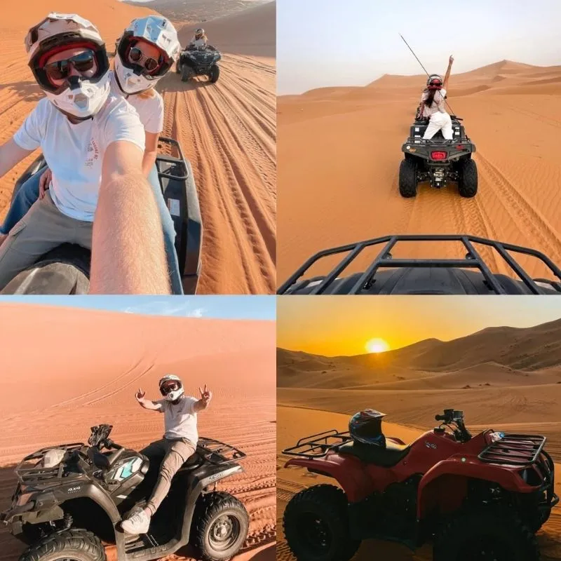 Un grupo de personas conduciendo quads a través de las doradas dunas de Erg Chebbi.